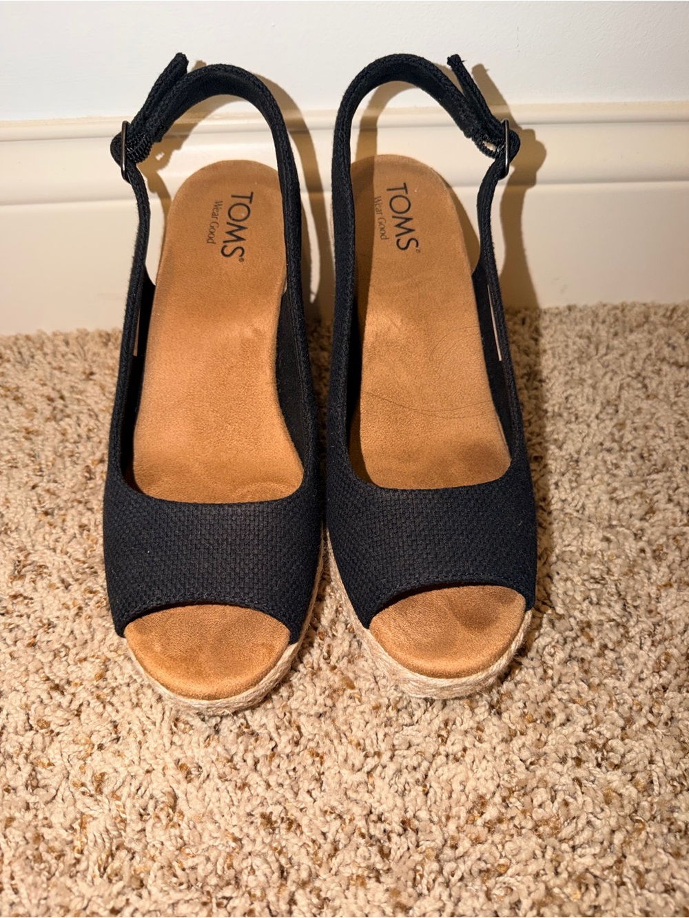 TOMS Black Open-Toe Espadrille Wedge Slingbacks